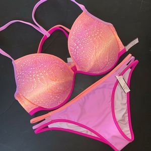 Victoria's Secret 36DD BIKINI M strappy PINK WARM OMBRE crochet orange lilac